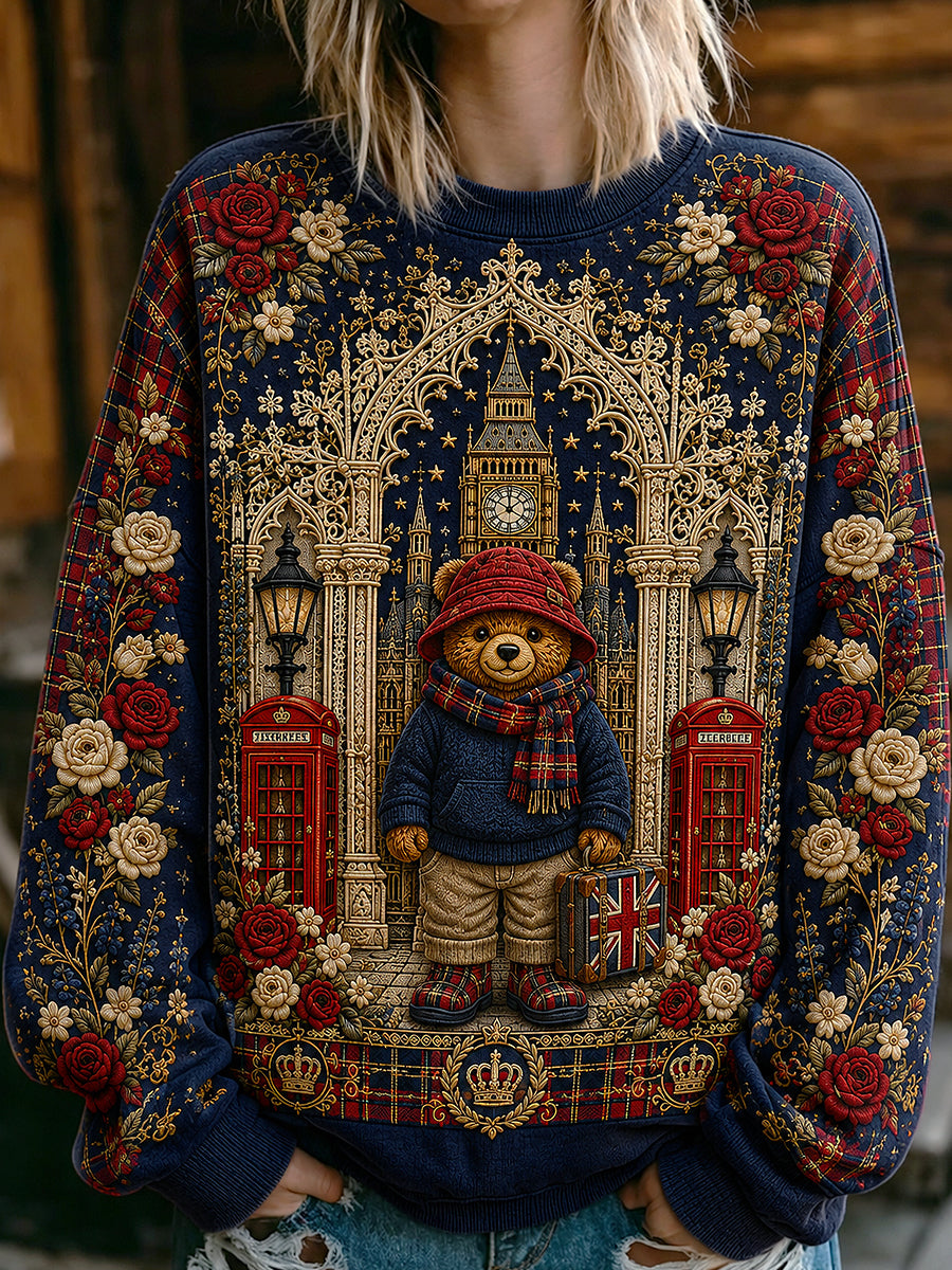 Women's London Bear Printed Round-Neck Long-Sleeved Sweatshirt