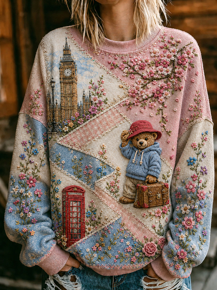 Women's London Bear Printed Round-Neck Long-Sleeved Sweatshirt