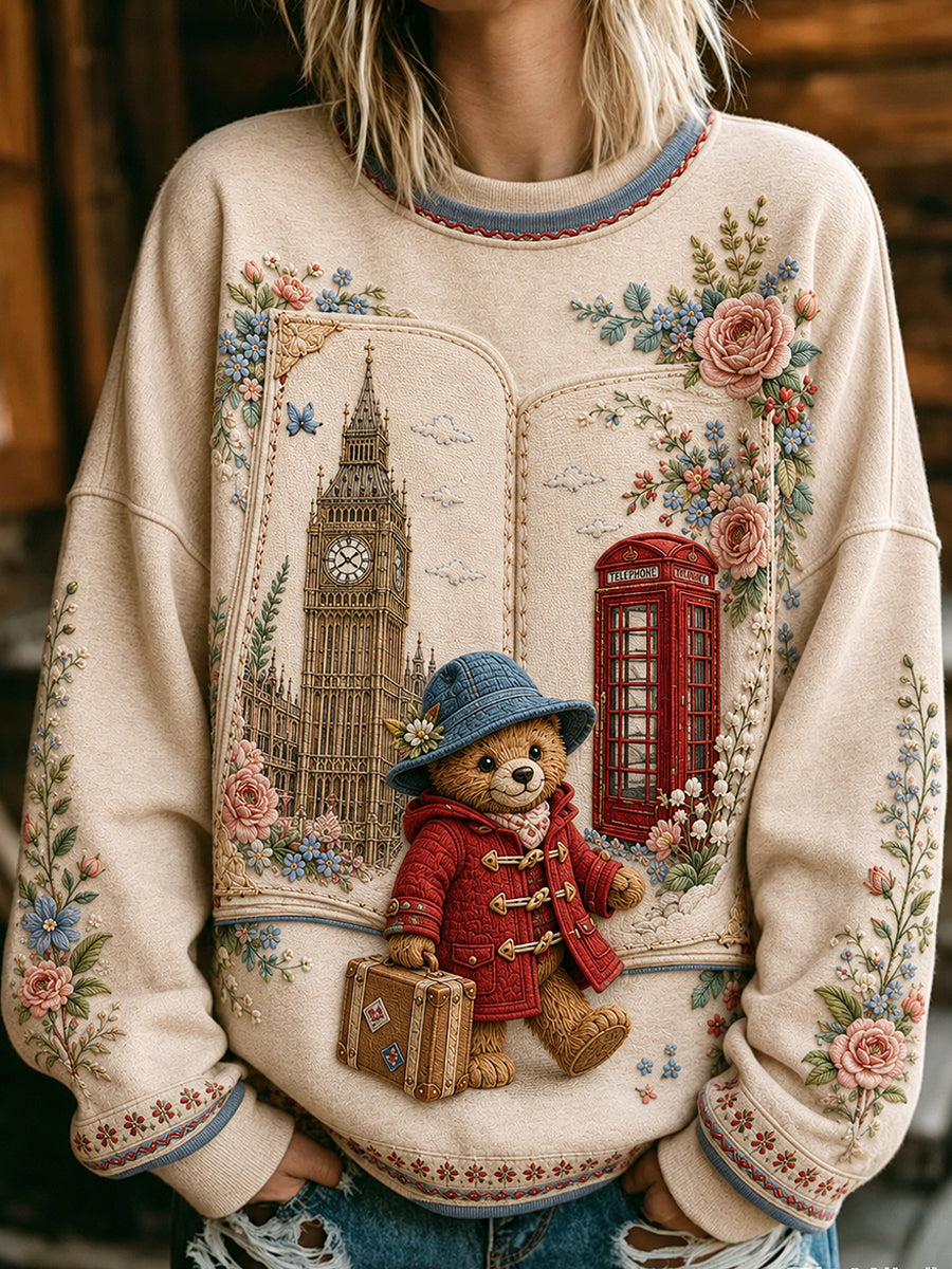 Women's London Bear Printed Round-Neck Long-Sleeved Sweatshirt
