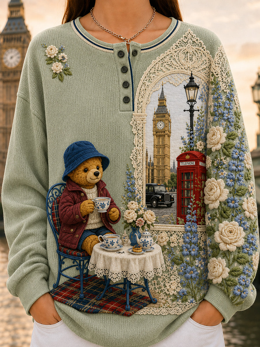 Women's London Bear Printed Round-Neck Long-Sleeved Sweatshirt