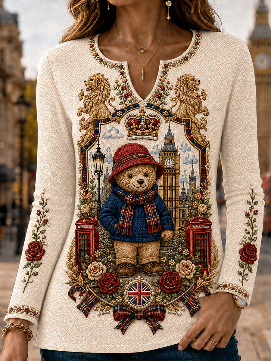 Women's London Bear Art Printed Long Sleeve T-shirt