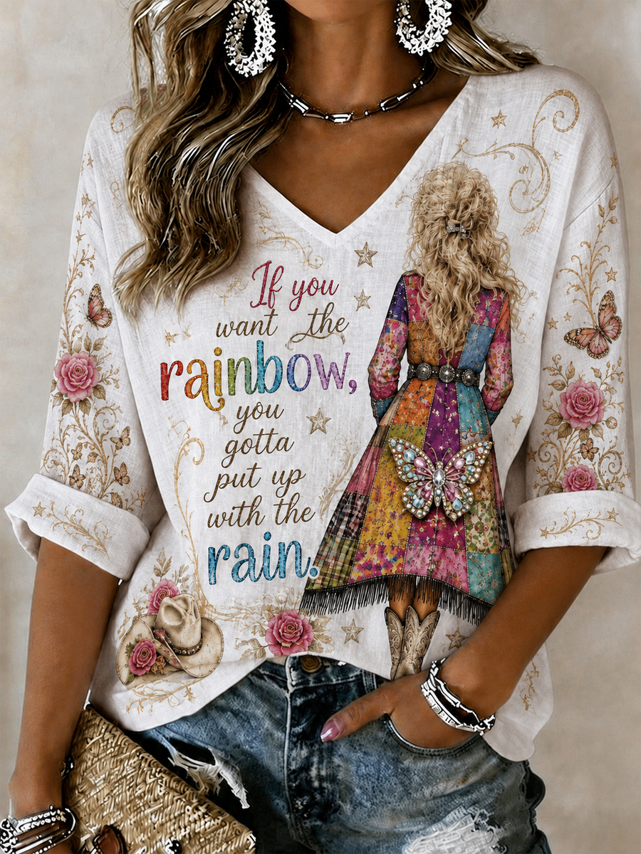 Women's Rip Country Music Lover Queen of Country Printed Mid-length Sleeves V-Neck T-Shirt