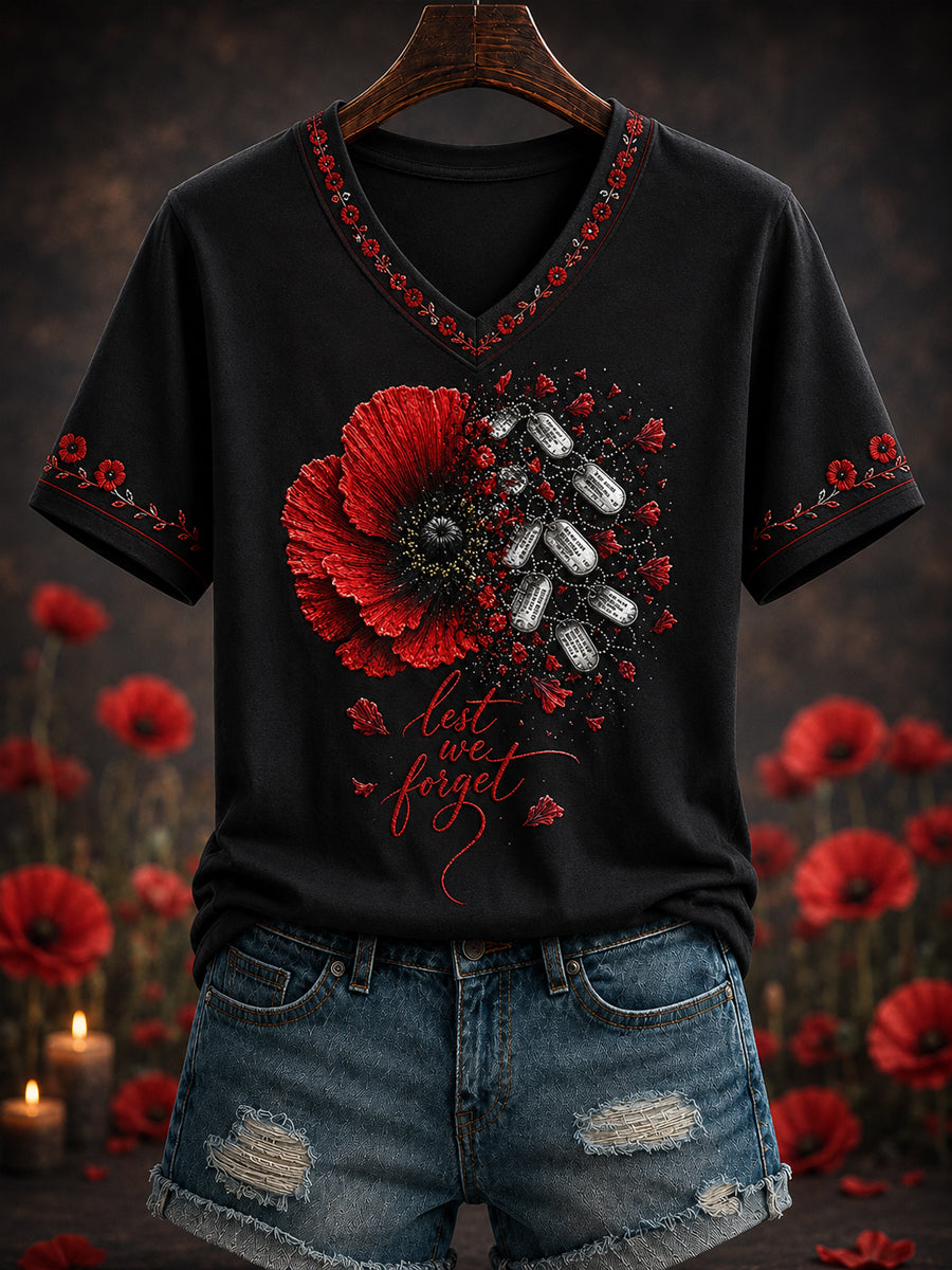 Women's Remembrance Day Printed V-neck T-shirt