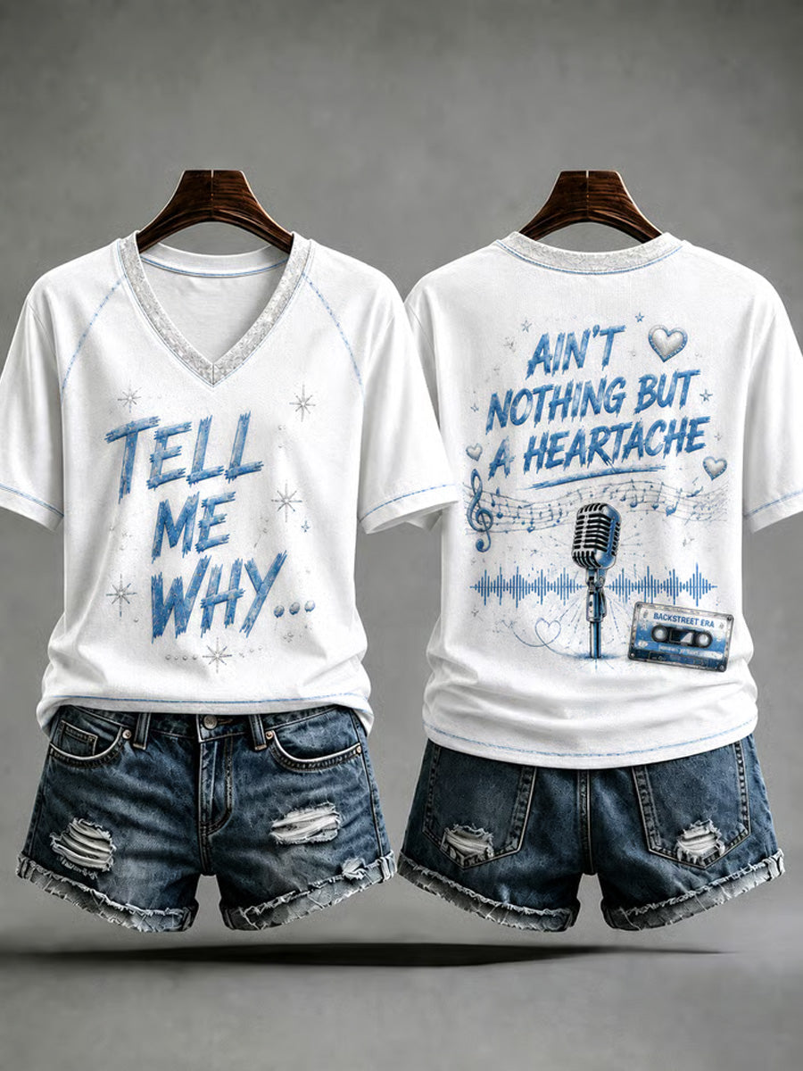 Women's Retro 90s Music Inspired Graphic Print Casual V-Neck Tee