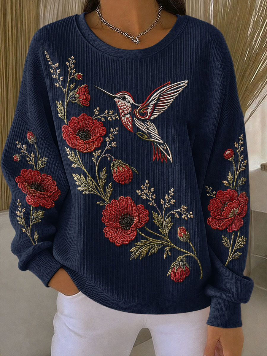 Women's Poppy Hummingbird & Lest We Forget Ribbed Round-Neck Sweatshirt