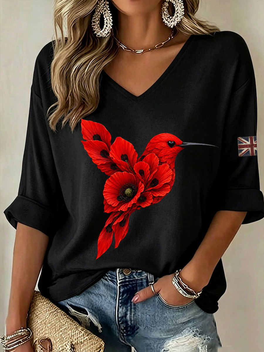Women's Poppy Hummingbird Mid-length Sleeves V-Neck T-Shirt