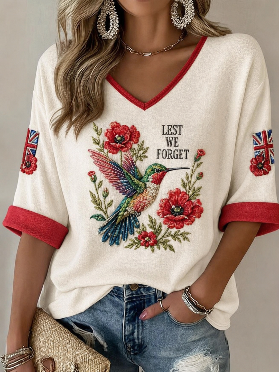 Women's Remembrance Day Mid-length Sleeves V-Neck T-Shirt