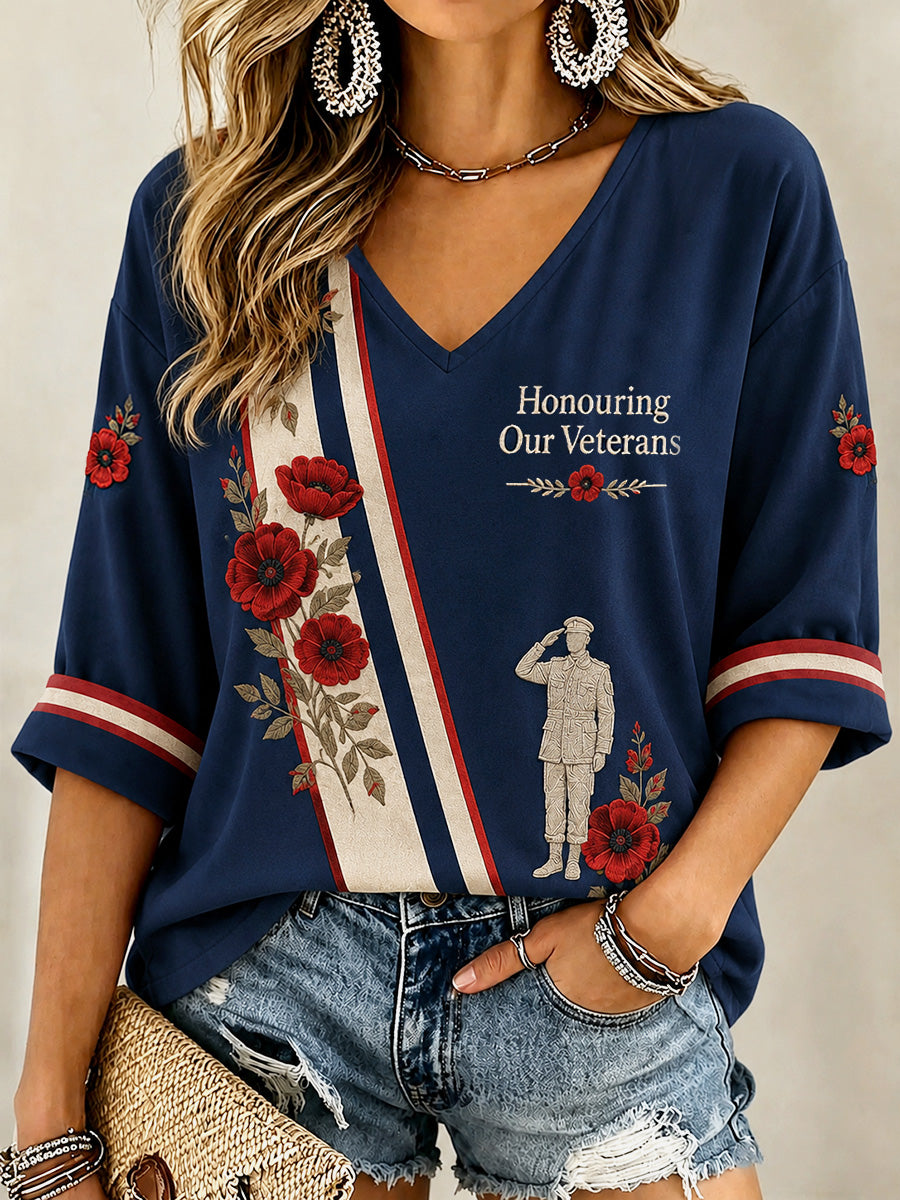 Women's British Veterans Memorial Print Casual V-Neck Tee