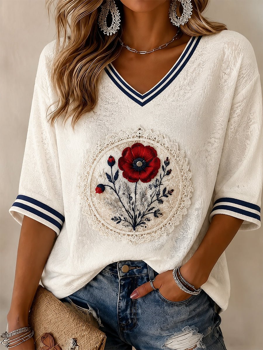 Women's Lest We Forget Printed Mid-length Sleeves V-neck T-shirt