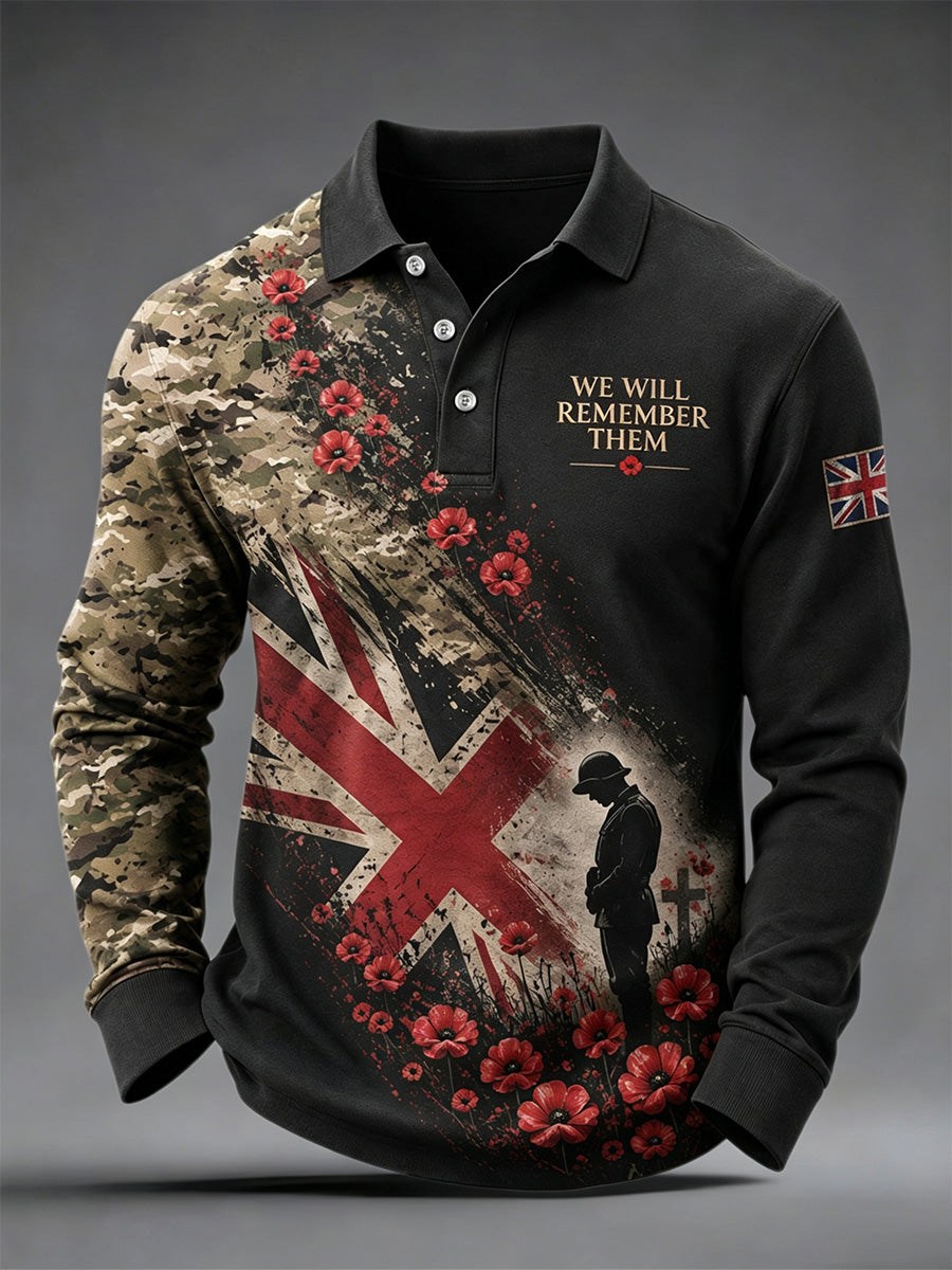 Men's British Veterans Memorial Print Casual Long Sleeve Polo