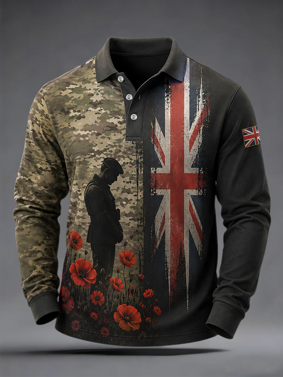 Men's British Veterans Memorial Print Casual Long Sleeve Polo