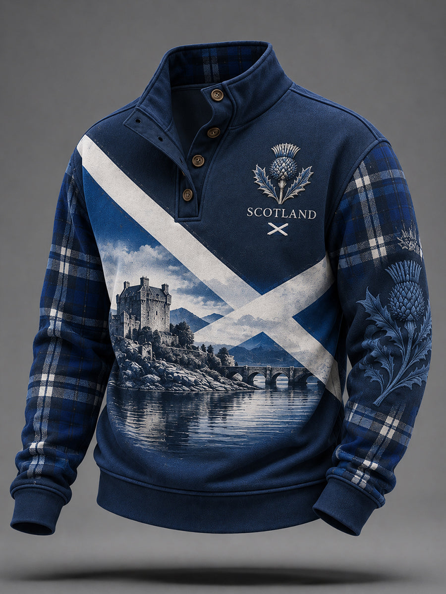 Men's Scotland Graphic Button Stand‑Collar Sweatshirt