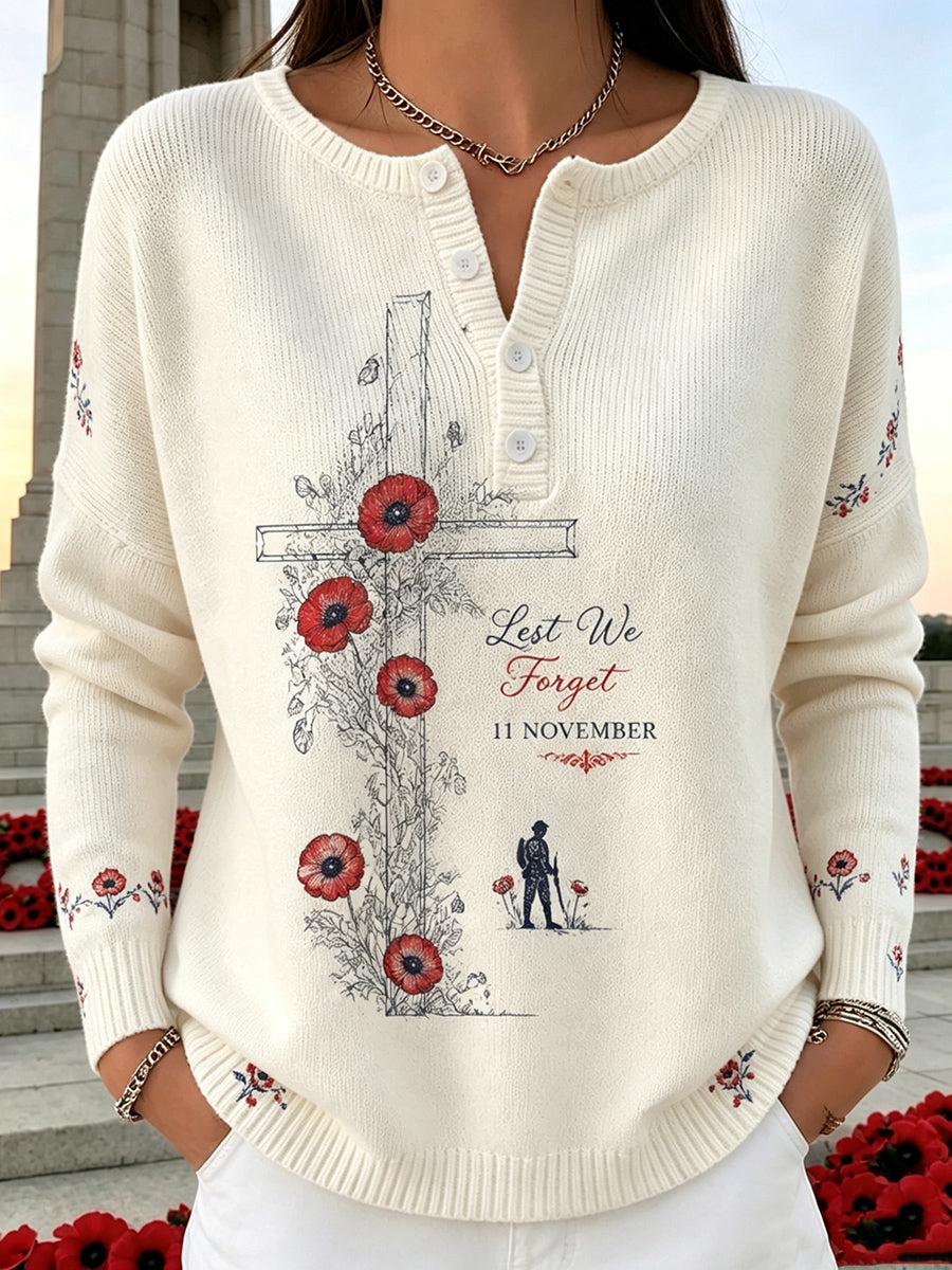 Woman's Vintage British Rememberance Day-Themed Printed Long-sleeve Cardigan