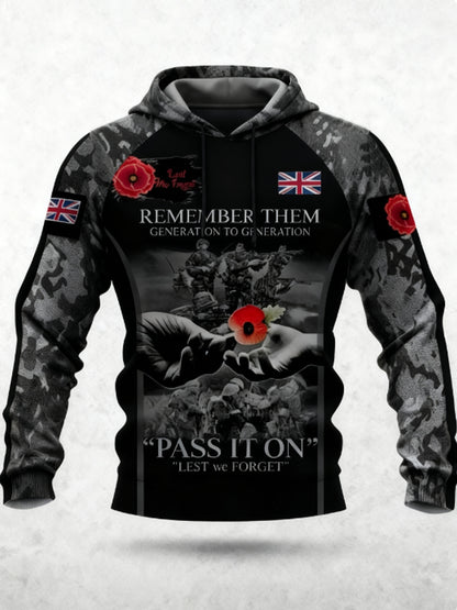 Men's 11th November Remembrance Day LEST WE'S FORGET Poppy Remembrance Hoodie