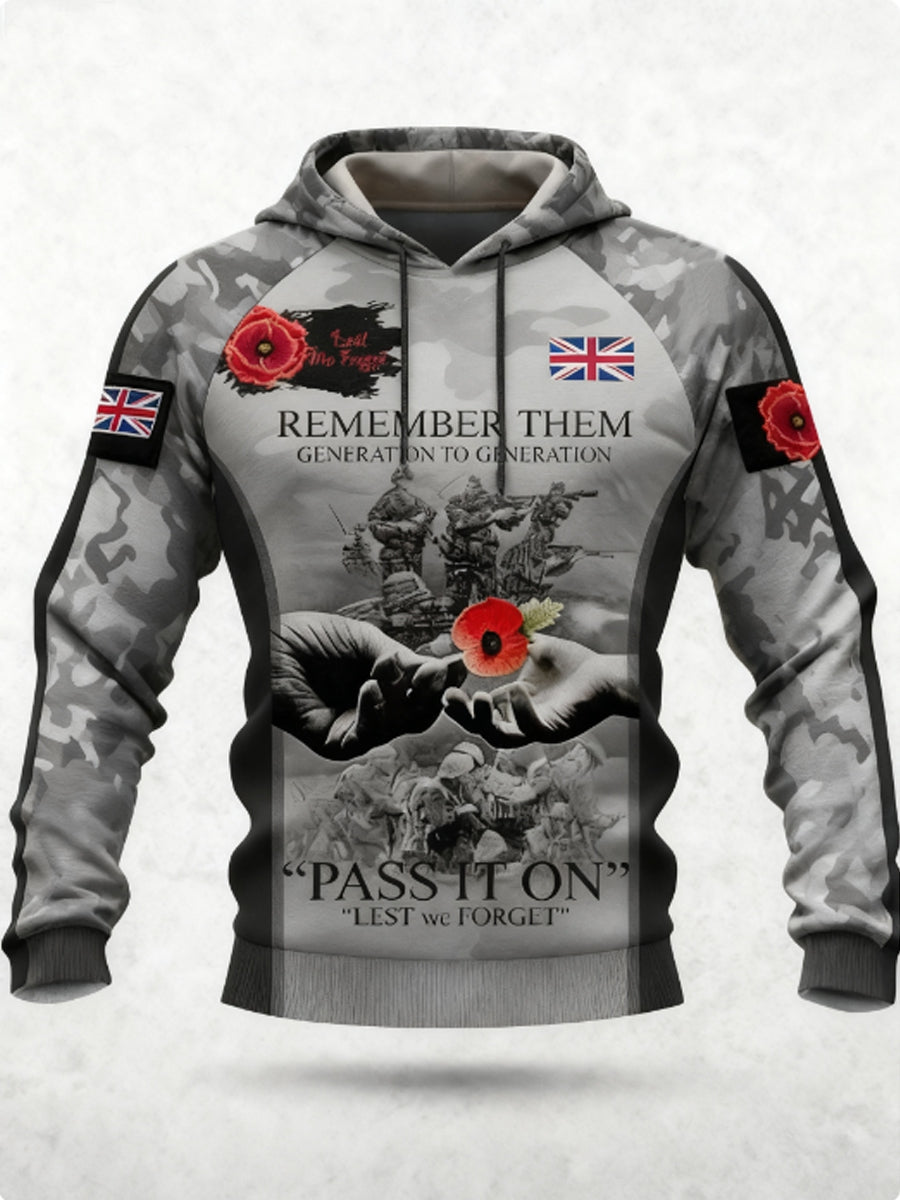 Men's 11th November Remembrance Day LEST WE'S FORGET Poppy Remembrance Hoodie