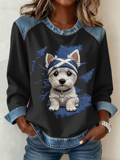 Women's Scottish West Highland White Terrier Print Denim Patchwork Top