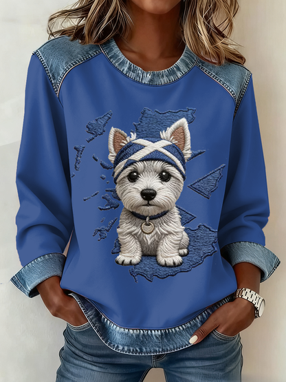 Women's Scottish West Highland White Terrier Print Denim Patchwork Top