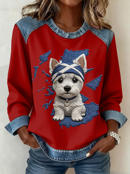 Women's Scottish West Highland White Terrier Print Denim Patchwork Top