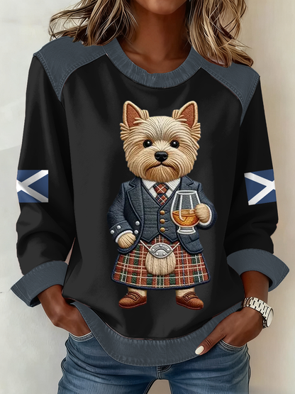 Women's Scottish Flag West Highland White Terrier Print Patchwork Top