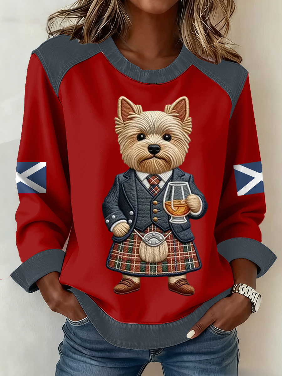 Women's Scottish Flag West Highland White Terrier Print Patchwork Top
