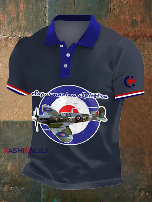 Men's British Fighter Jet Print Polo Neck Plunger Short Sleeve T-Shirt