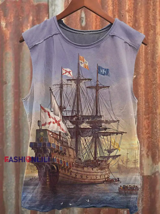 Men's Casual Sailing Ship Printed Tank Top