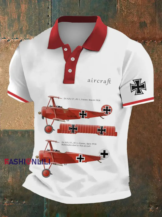 Men's England Aircraft Print Polo Neck Plunger Short Sleeve T-Shirt