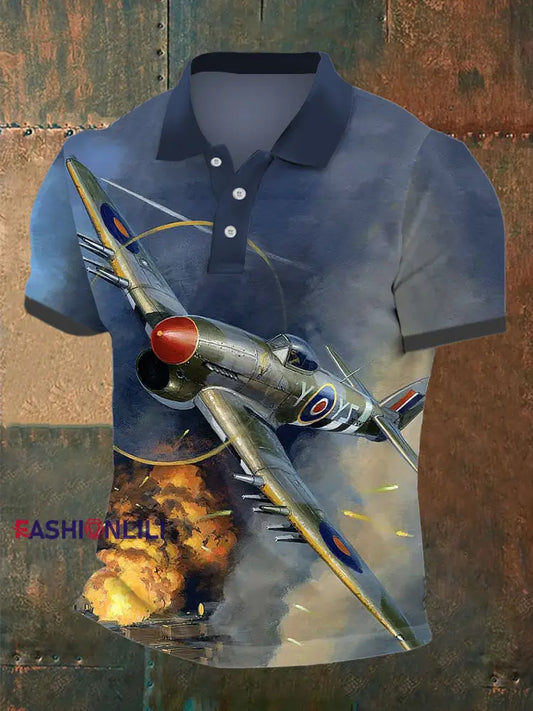 Men's Fighter Plane Print Polo Neck Plunger Short Sleeve T-Shirt