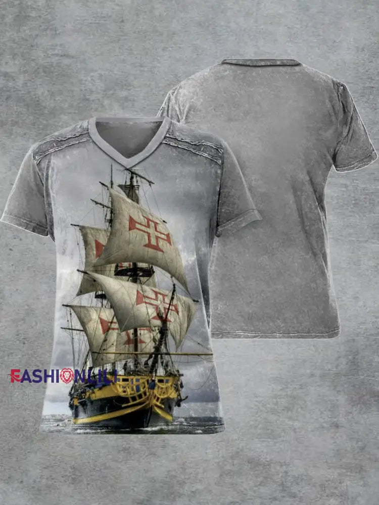 Men's Retro Cross Ship Printed V-neck Short-Sleeved T-shirt