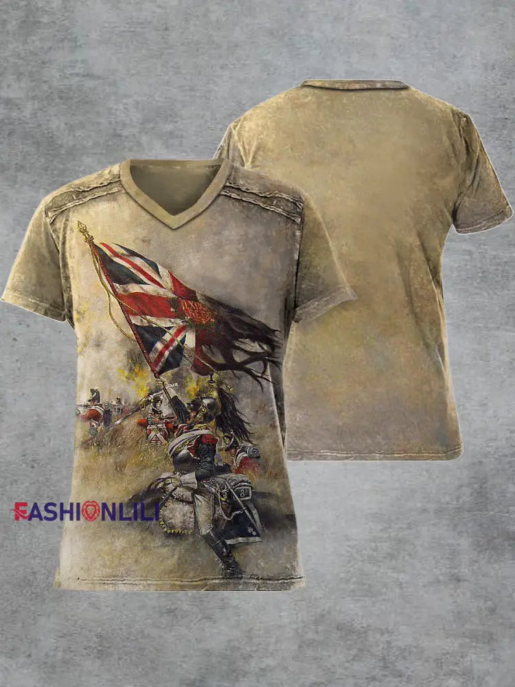 Men's Retro Defenders Of The Empire Printed V-neck Short-Sleeved T-shirt