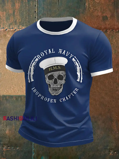 Men's Retro Royal Navy Print Casual Tee