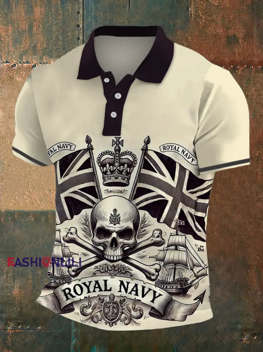 Men's Royal Navy Print Polo Neck Plunger Short Sleeve T-Shirt