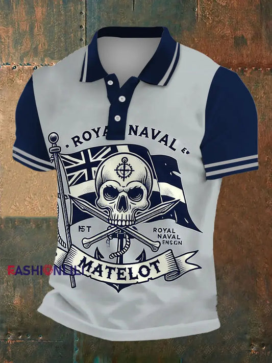 Men's Skull Matelot Print Polo Neck Plunger Short Sleeve T-Shirt