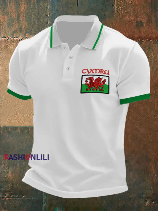 Men's Welsh Flag Casual Button T-Shirt