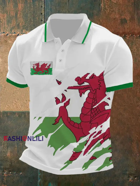 Men's Welsh Flag Casual Button T-Shirt