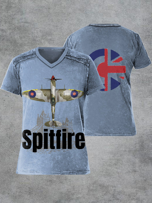 Men's Retro British Fighter Jet Printed V-neck Short-Sleeved T-shirt