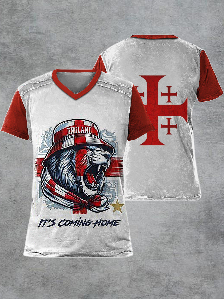 Men's Retro England Printed V-neck Short-Sleeved T-shirt