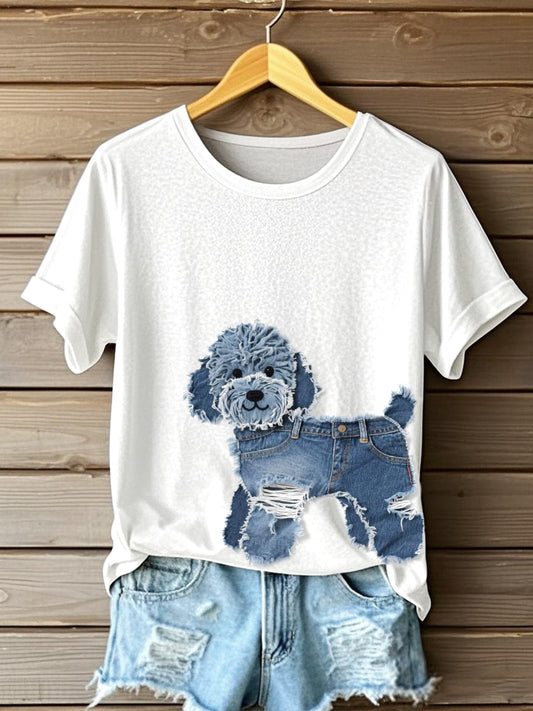 Women's Cute Dog Denim Patchwork Art T-shirt