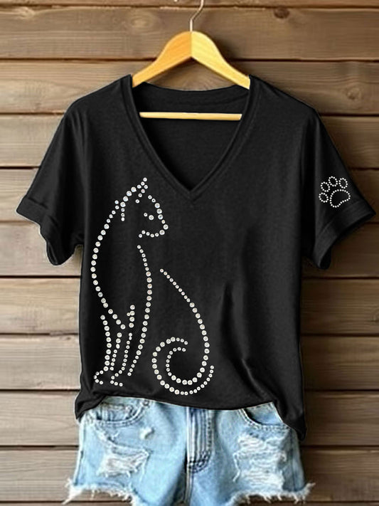 Women's Rhinestone Cat Art Print V-Neck T-Shirt