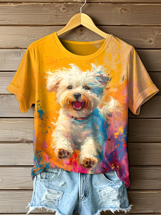 Women's Cute Dog Oil Painting Art Vintage T-Shirt