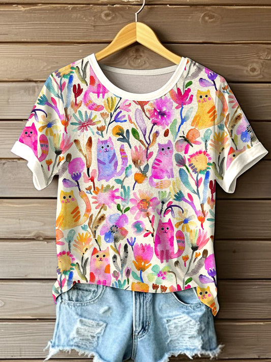 Women's Watercolor Art Cat Flower Print T-Shirt