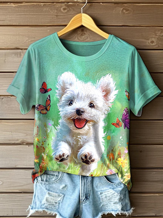 Women's Cute Dog Oil Painting Art Short Sleeve T-Shirt