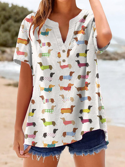Women's Dachshund Art Print Linen Shirt