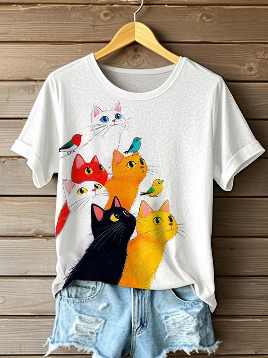 Women's Funny Cats Art Print Short Sleeve T-Shirt