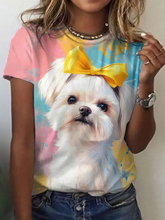 Women's Oil Painting Art Dog Print T-Shirt