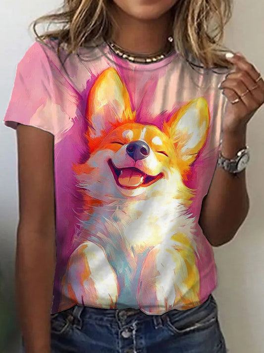 Women's Dog Oil Painting Art Print T-Shirt