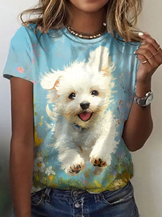 Women's Dog Oil Painting Art Print T-Shirt