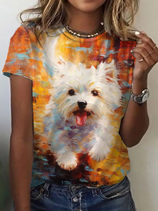 Women's Dog Oil Painting Art Print Vintage T-Shirt