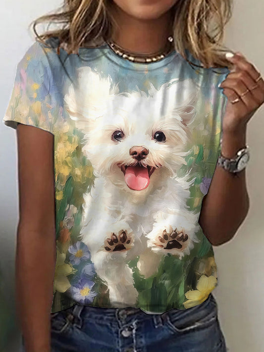 Women's Dog Oil Painting Art Print T-Shirt