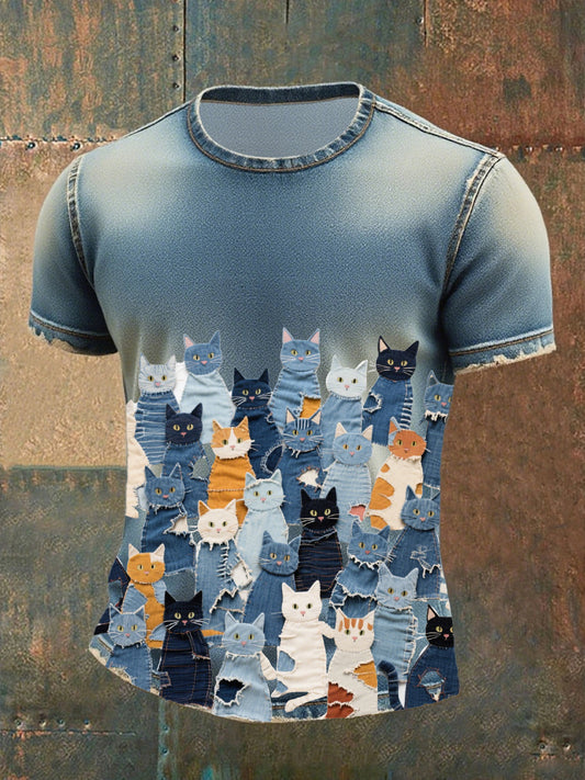 Men's denim cat print t-shirt
